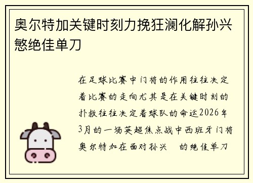 奥尔特加关键时刻力挽狂澜化解孙兴慜绝佳单刀 奥尔特加关键时刻力挽狂澜化解孙兴慜绝佳单刀
