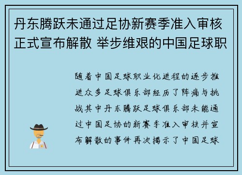 丹东腾跃未通过足协新赛季准入审核正式宣布解散 举步维艰的中国足球职业化困境再现 丹东腾跃未通过足协新赛季准入审核正式宣布解散 举步维艰的中国足球职业化困境再现